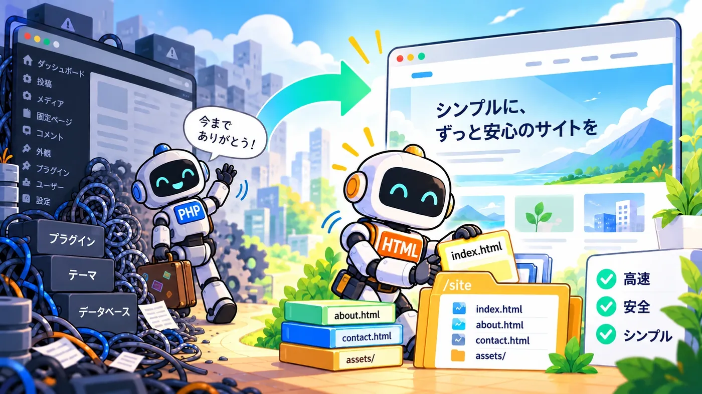 PHPやプラグインが複雑に絡み合ったワードプレスから、シンプルで安心な静的HTMLのサイトへ引っ越すイメージ